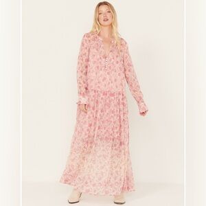 Free People See It Through pink floral long sleeve maxi dress sheer